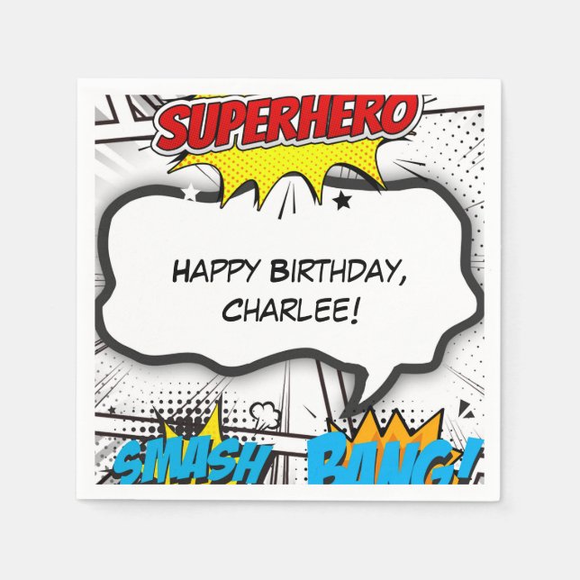 Black & White Comic Book Superhero Birthday Party Napkin (Front)