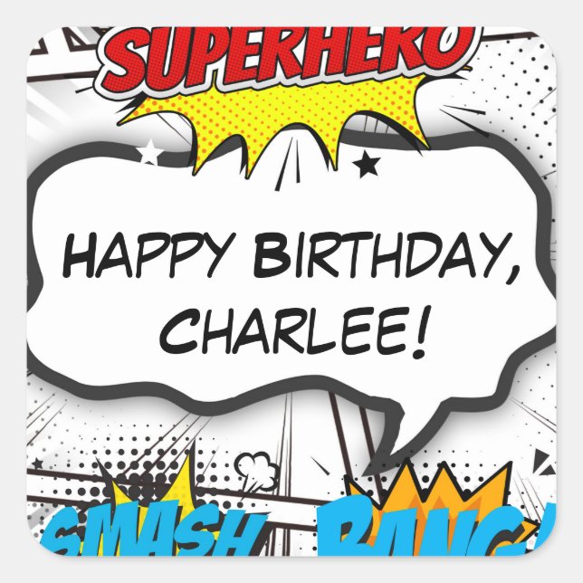 Black & White Comic Book Superhero Birthday Party Square Sticker (Front)