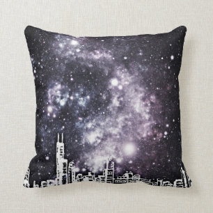 Black & White Comic Style City Skyline Starry Sky Cushion