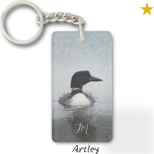 Black White Common Loon Bird Painting Custom Name Key Ring