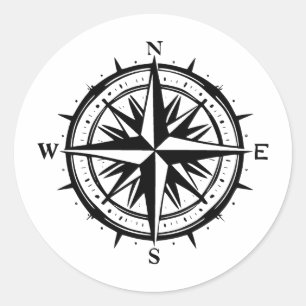 Black & White Compass Rose Artwork Classic Round Sticker