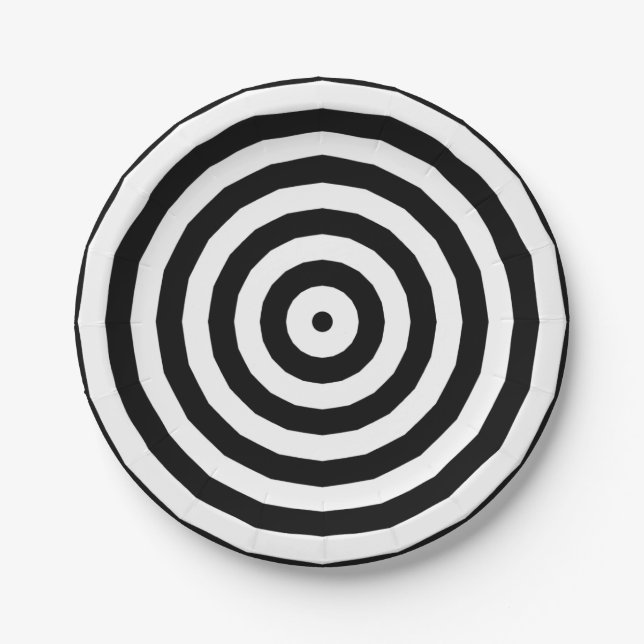 Black & White Concentric Circles Optical Illusion Paper Plate (Front)