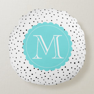 Black & White Confetti Dots Blue Monogram Round Round Cushion