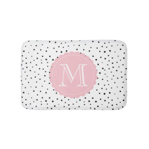 Black & White Confetti Dots Blush Monogram Bath Mat