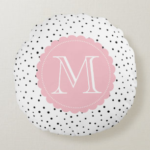Black & White Confetti Dots Blush Monogram Round Cushion