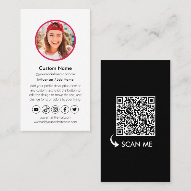 Black White Content Creator QR Code Social Media Business Card (Front/Back)