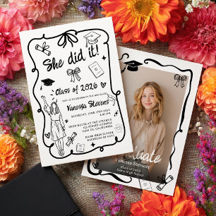 Black White Coquette Doodles photo graduation Invitation