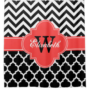 Black White Coral Red Moroccan #5 Chevron 1IQRN Shower Curtain