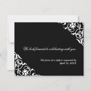 Black white corner scroll enclosure wedding RSVP Card
