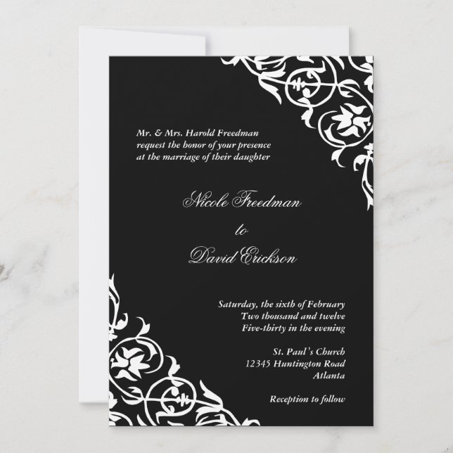 Black white corner scroll script elegant wedding invitation (Front)