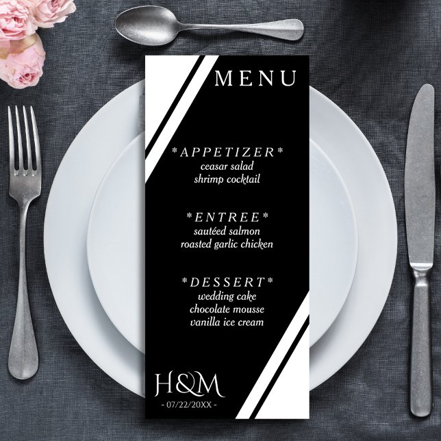 Black White Corner Stripe Dinner Wedding Reception Menu (black and white wedding menu)