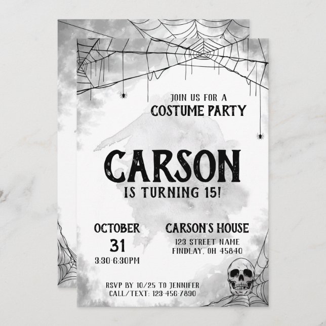Black & White Costume Halloween Birthday Party Invitation (Front/Back)