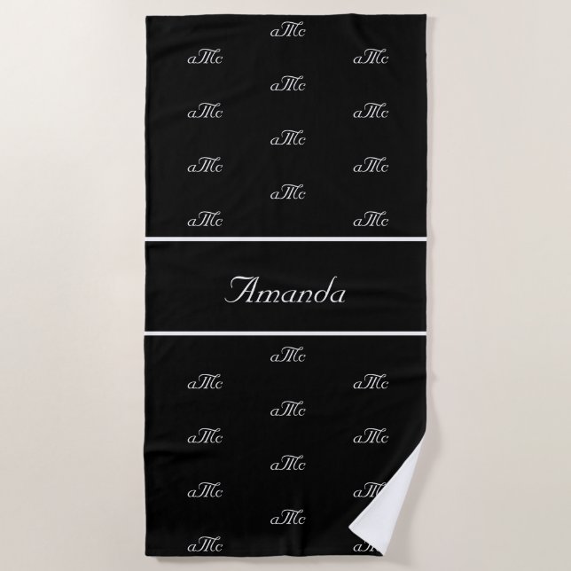Black white couple monogram pattern name script beach towel (Front)