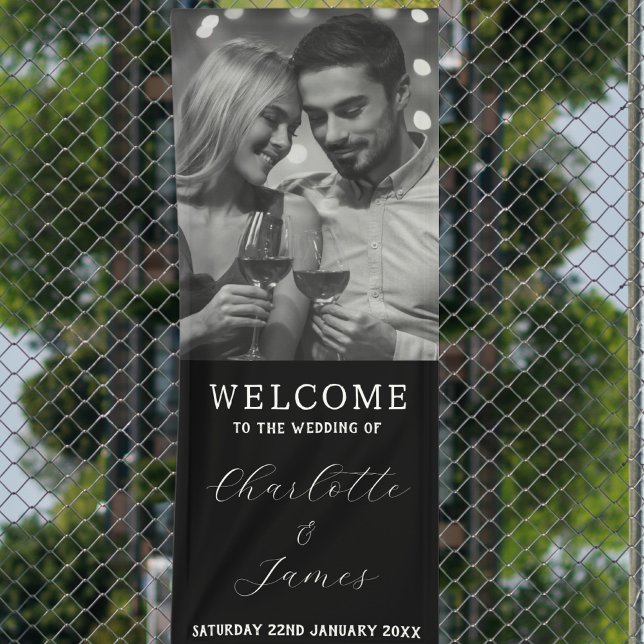 Black & White Couple Photo Outdoor Wedding Welcome Banner (Outdoor )