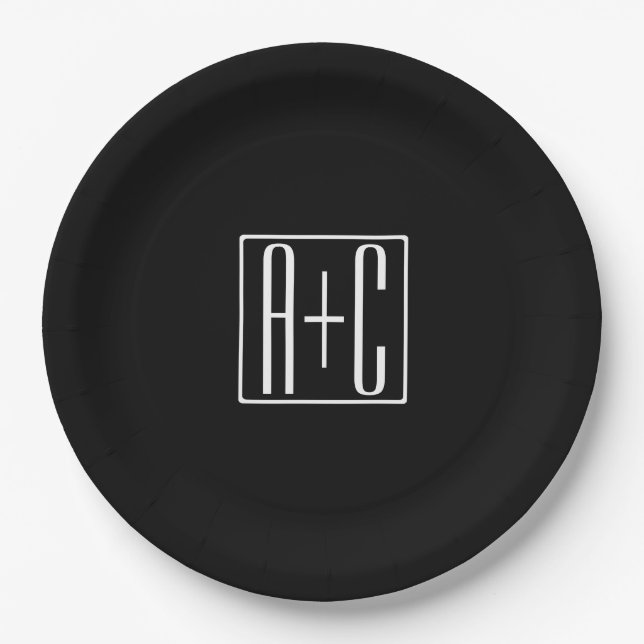 Black & White | Couples Initials Paper Plate (Front)