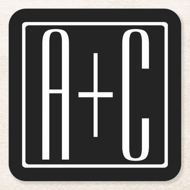 Black & White | Couples Initials Square Paper Coaster (Front)