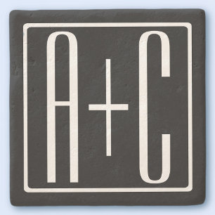 Black & White   Couples Initials Stone Coaster