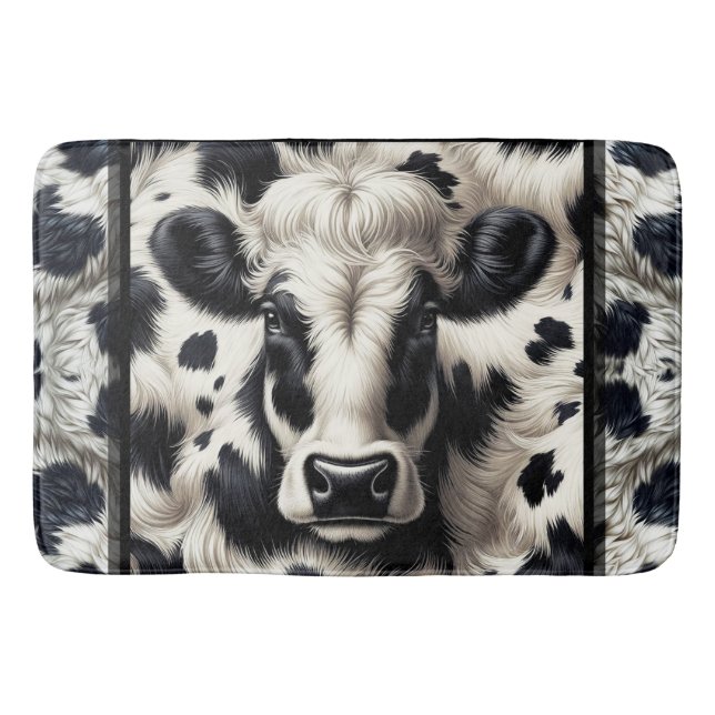 Black & White Cow Cowhide Fur Furry Look Bath Mat (Front)