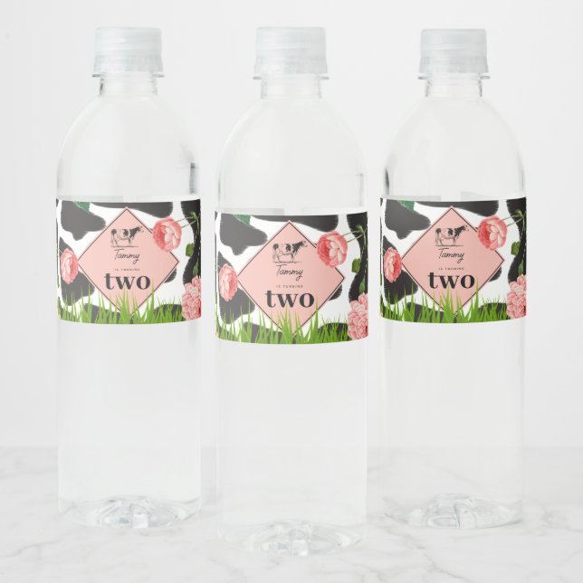 Black & White Cow Farm Animal Birthday Party Pink Water Bottle Label (Bottles)