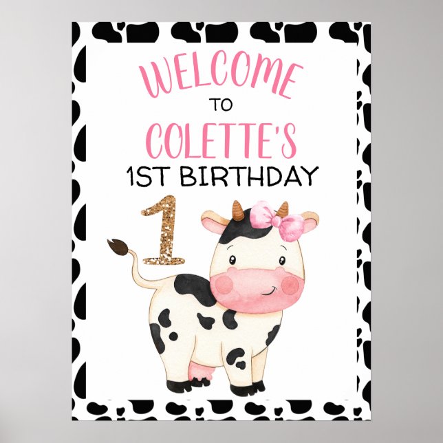 Black White Cow Print Birthday Party Welcome Sign (Front)