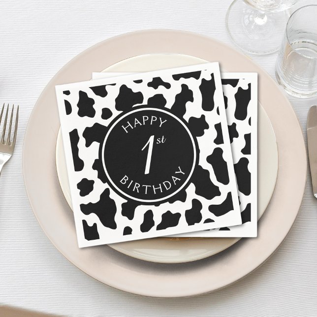 Black & White Cow Print Cowboy First 1st Birthday Napkin (1st birthday cow print napkins)