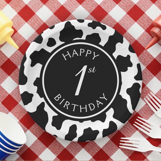 Black & White Cow Print Cowboy First 1st Birthday Paper Plate (cow print first birthday paper plates)