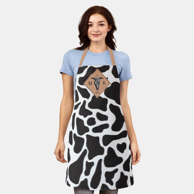 Black & White Cow Spot Animal Pattern Monogram Apron (Worn)