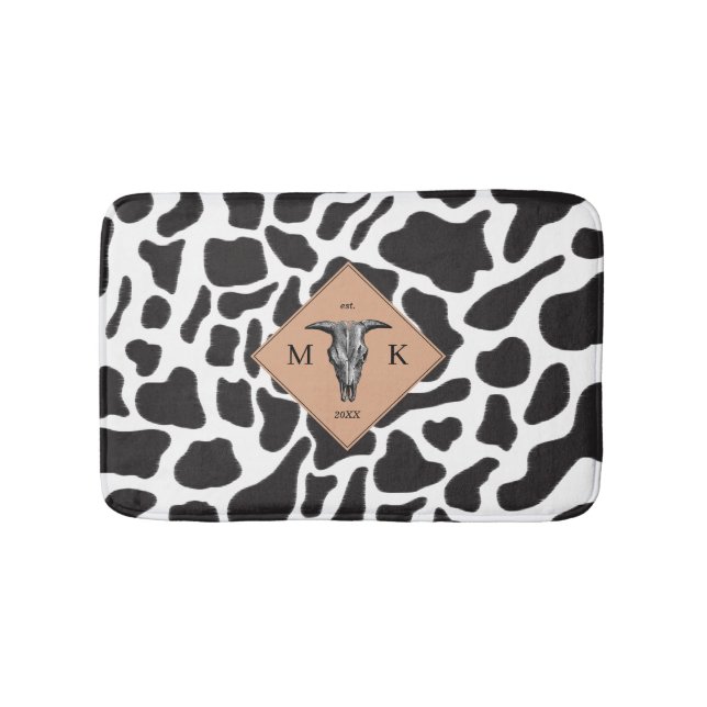 Black & White Cow Spot Animal Pattern Monogram Bath Mat (Front)