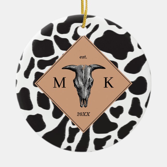 Black & White Cow Spot Animal Pattern Monogram Ceramic Ornament (Front)