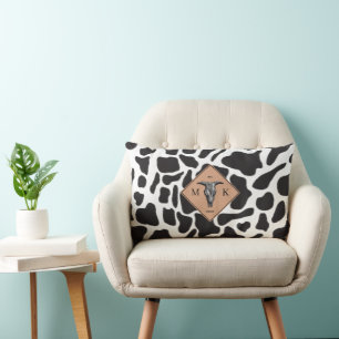 Black & White Cow Spot Animal Pattern Monogram Lumbar Cushion