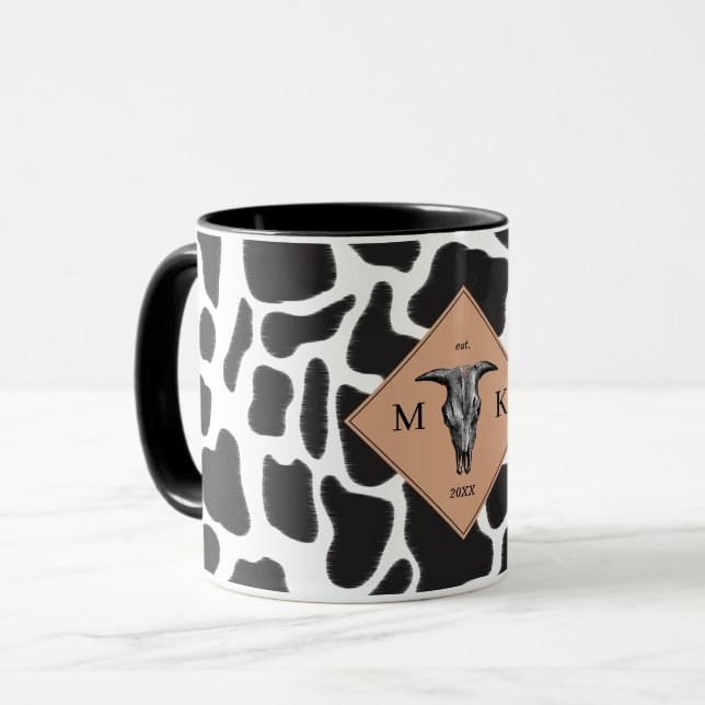 Black & White Cow Spot Animal Pattern Monogram Mug (Front Left)