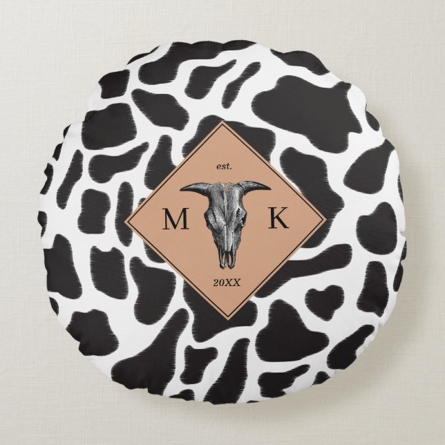 Black & White Cow Spot Animal Pattern Monogram Round Cushion (Front)