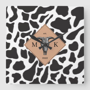 Black & White Cow Spot Animal Pattern Monogram Square Wall Clock