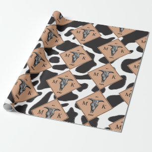 Black & White Cow Spot Animal Pattern Monogram Wrapping Paper