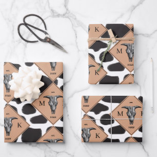Black & White Cow Spot Animal Pattern Monogram Wrapping Paper Sheet