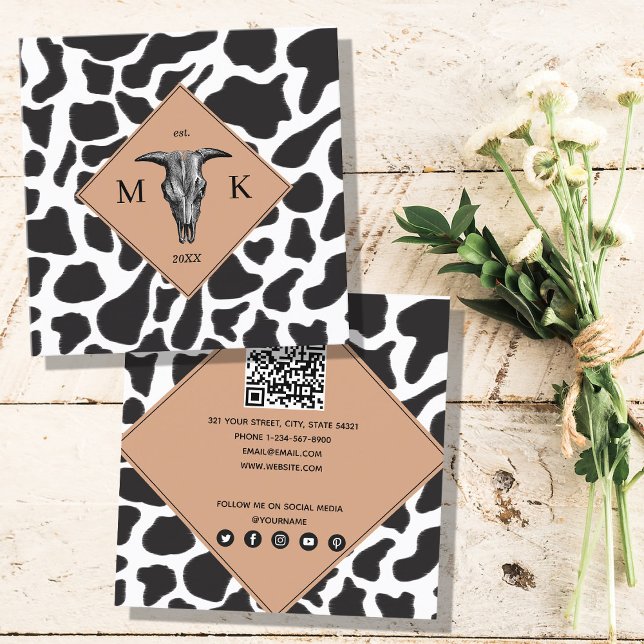 Black & White Cow Spot Animal Pattern QR Code Square Business Card (Creator Uploaded)