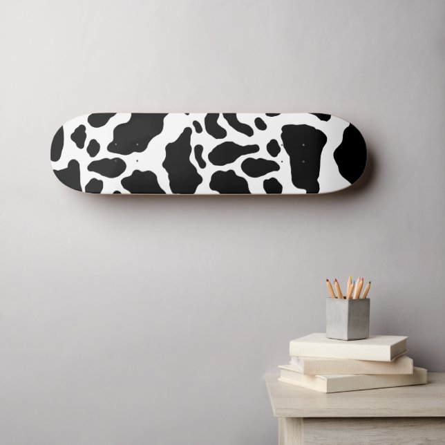Black & White Cow Spots Animal Print Pattern Skateboard (Wall Art (Horz))