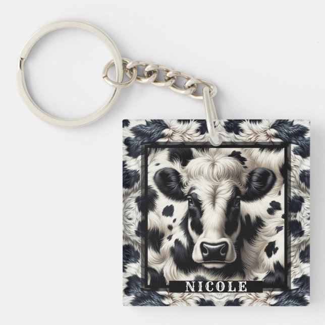 Black & White Cow Spots Furry Look Key Ring (Front)
