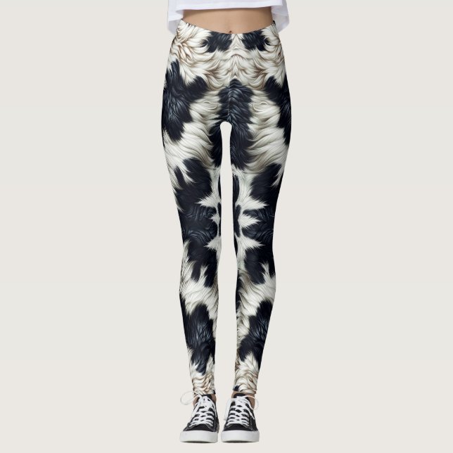 Black & White Cow Spots Furry Look Leggings (Front)