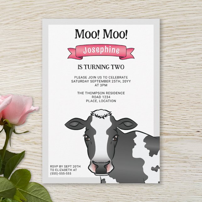 Black & White Cow With Pink Barnyard Farm Birthday Invitation (Creator Uploaded)