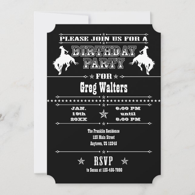 Black White Cowboy Rodeo Birthday Party Invitation (Front)
