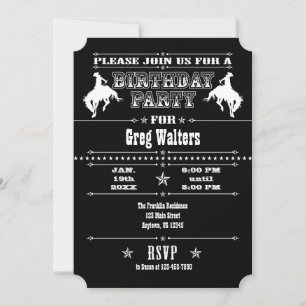 Black White Cowboy Rodeo Birthday Party Invitation