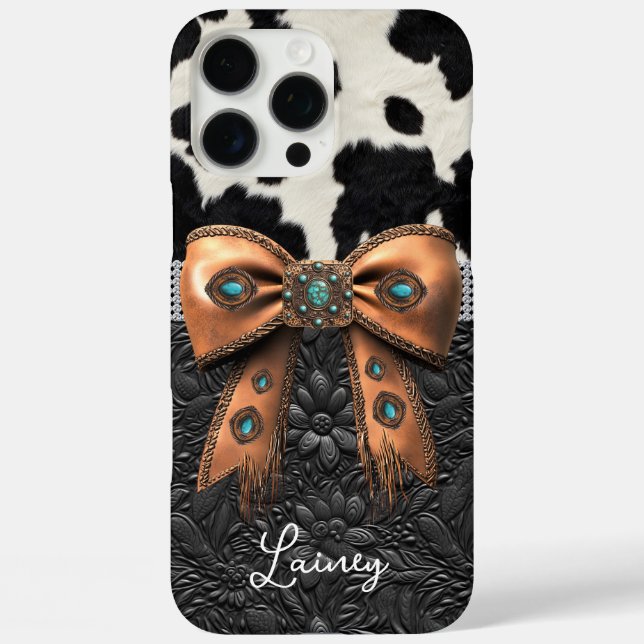 Black White Cowhide Leather Jewelled Bow Case-Mate iPhone Case (Back)