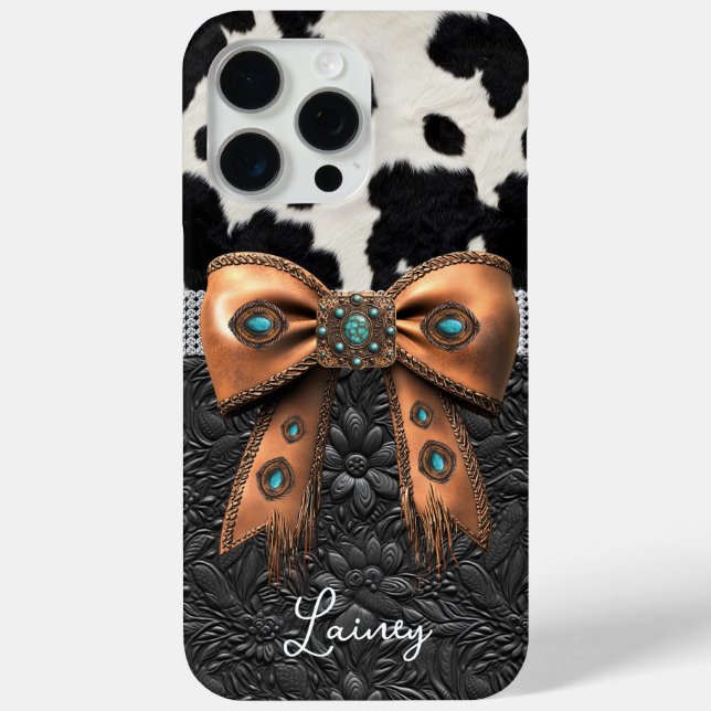 Black White Cowhide Leather Jewelled Bow Case-Mate iPhone Case (Back)
