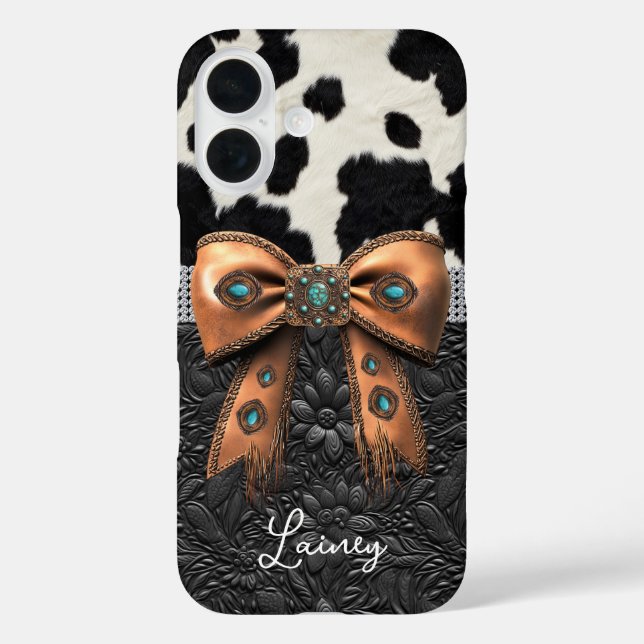 Black White Cowhide Leather Jewelled Bow Case-Mate iPhone Case (Back)
