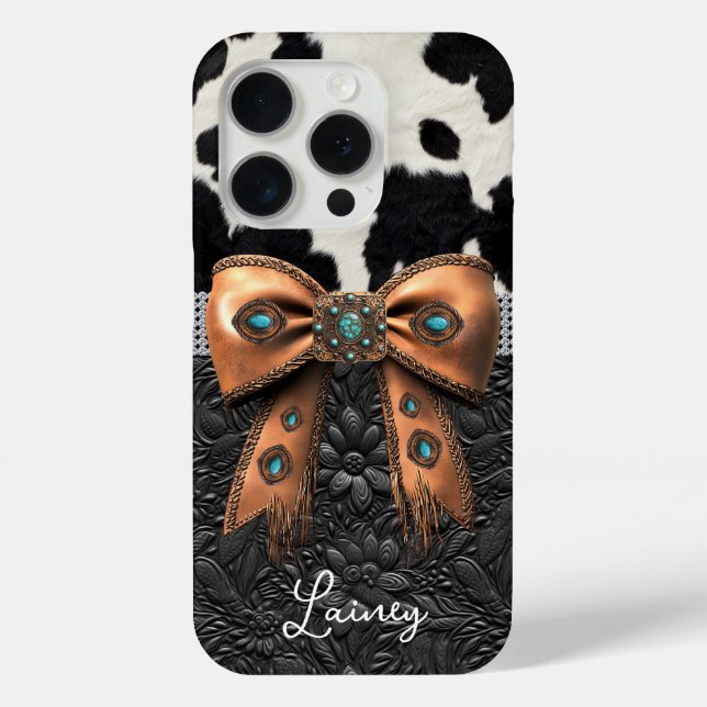 Black White Cowhide Leather Jewelled Bow Case-Mate iPhone Case (Back)