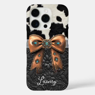 Black White Cowhide Leather Jewelled Bow iPhone 16 Pro Case