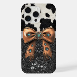 Black White Cowhide Leather Jewelled Bow iPhone 15 Pro Max Case