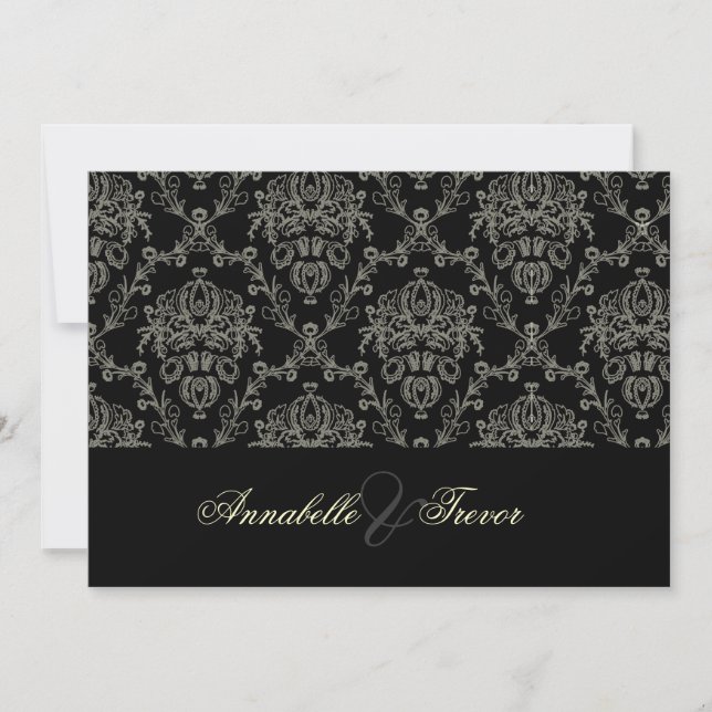 Black/white/cream damask, custom wedding invitation (Front)