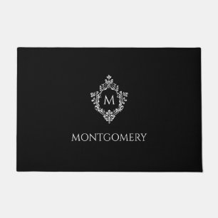 Black & White Crest Elegant Monogram Initial Name Doormat